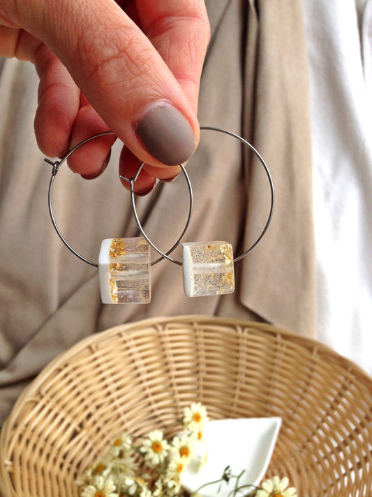 Hoop earrings with white solid cube,  Dainty Hoop Earrings, Steel Earrings, Minimalist Earrings, Mothers Day gift