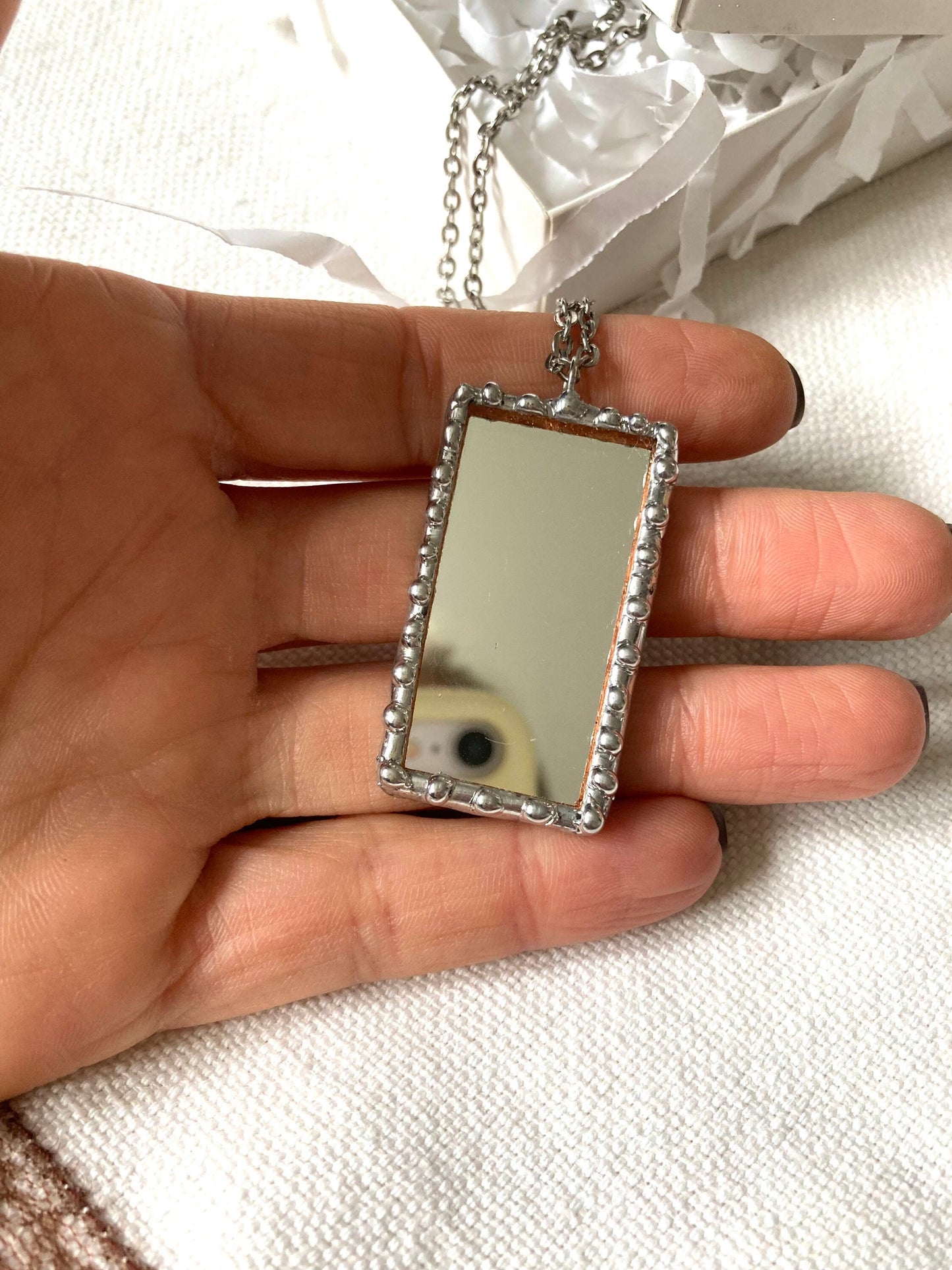 Stained rectangle Mirror necklace, Stained glass jewelry, Soldered pendant, Mirror necklace, Personalized jewelry, soldered mirror