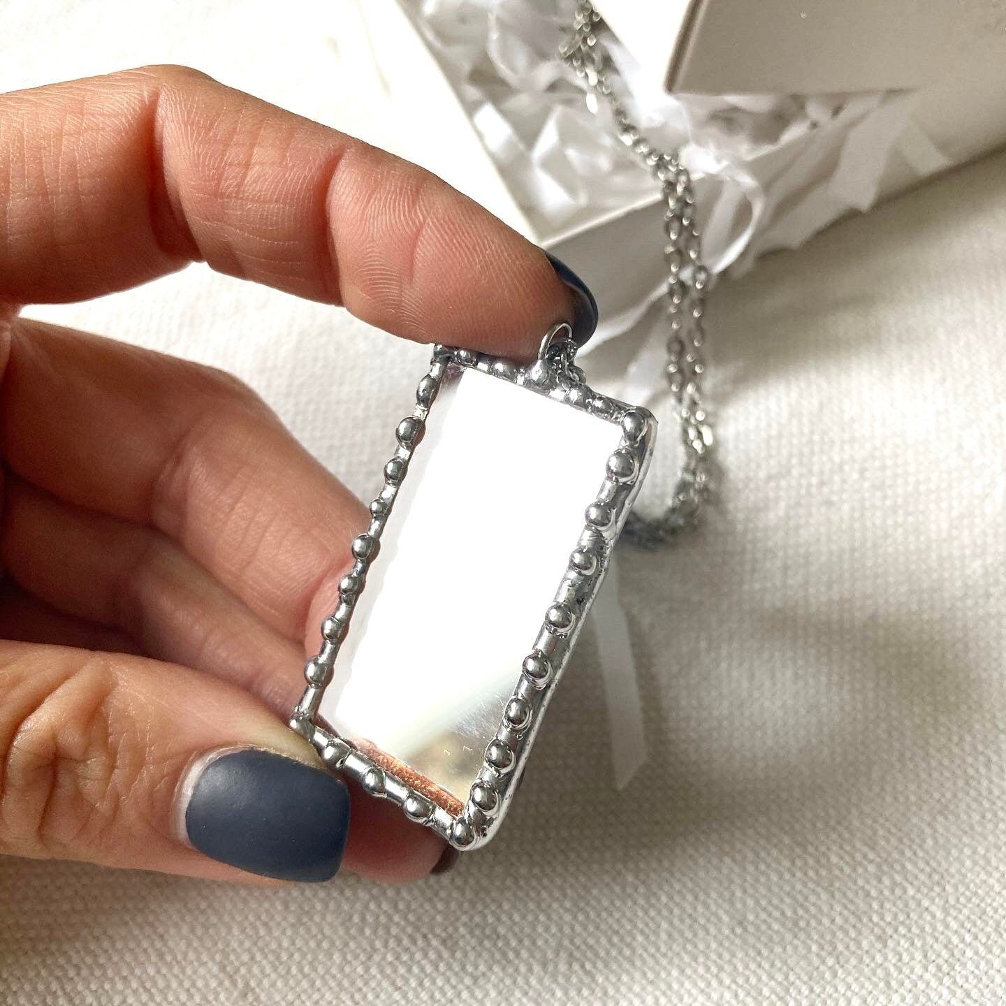 Stained rectangle Mirror necklace, Stained glass jewelry, Soldered pendant, Mirror necklace, Personalized jewelry, soldered mirror