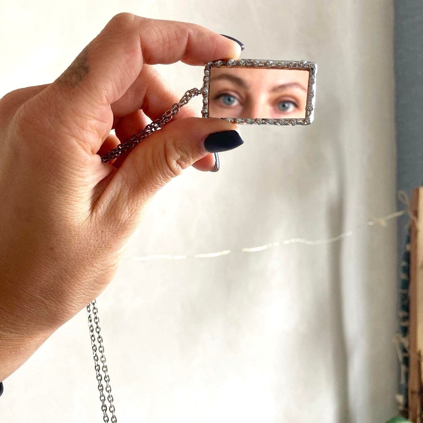 Stained rectangle Mirror necklace, Stained glass jewelry, Soldered pendant, Mirror necklace, Personalized jewelry, soldered mirror