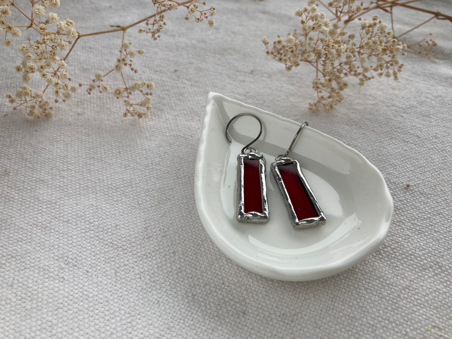 Stained glass earrings, Minimalist earrings, Rectangle earrings, Red jewelry, Mother’s Day Gift