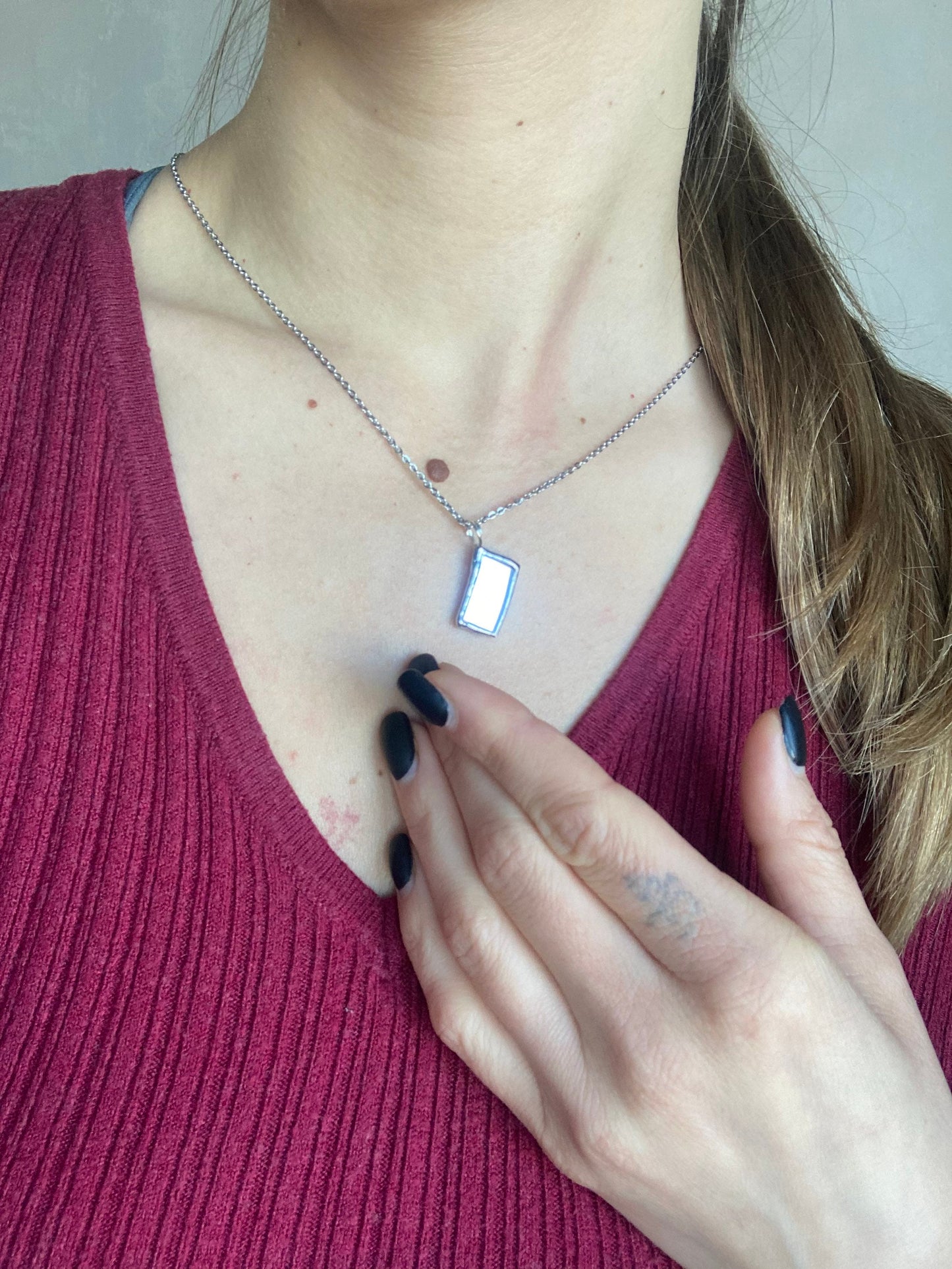 Stained rectangle Mirror necklace, Stained glass jewelry, Soldered pendant, Tiny Mirror necklace