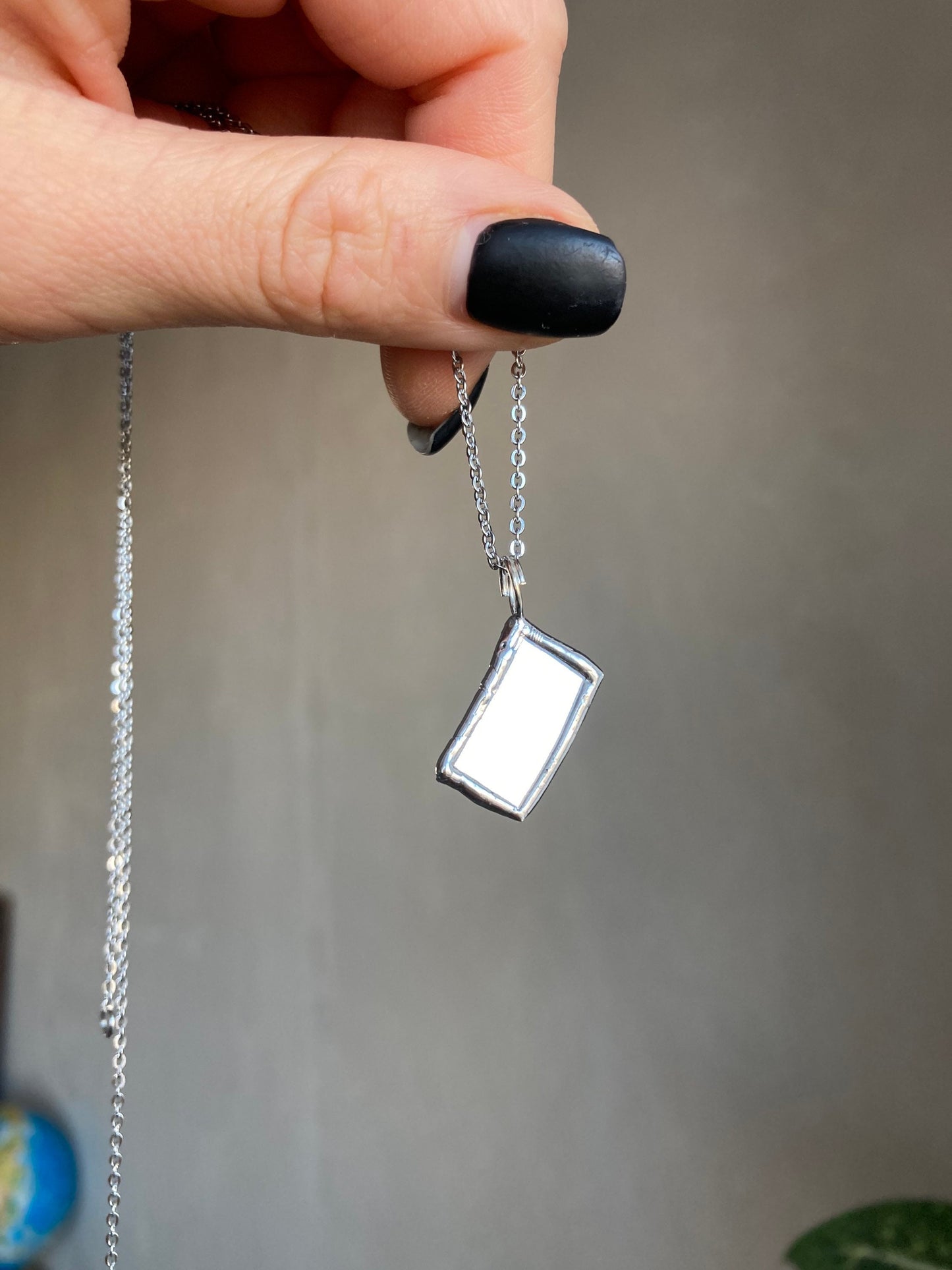 Stained rectangle Mirror necklace, Stained glass jewelry, Soldered pendant, Tiny Mirror necklace