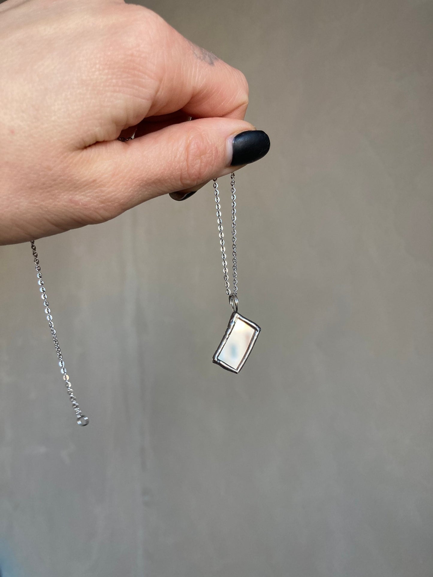 Stained rectangle Mirror necklace, Stained glass jewelry, Soldered pendant, Tiny Mirror necklace