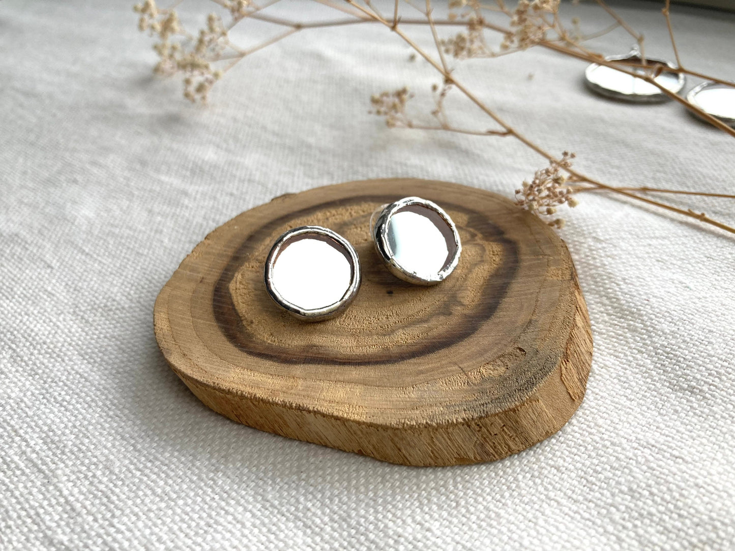 Small Mirror earrings, 10 mm, 20 mm, Stained glass studs earrings,  Glass Jewelry, Round mirror earrings, Stainless steel stud earrings