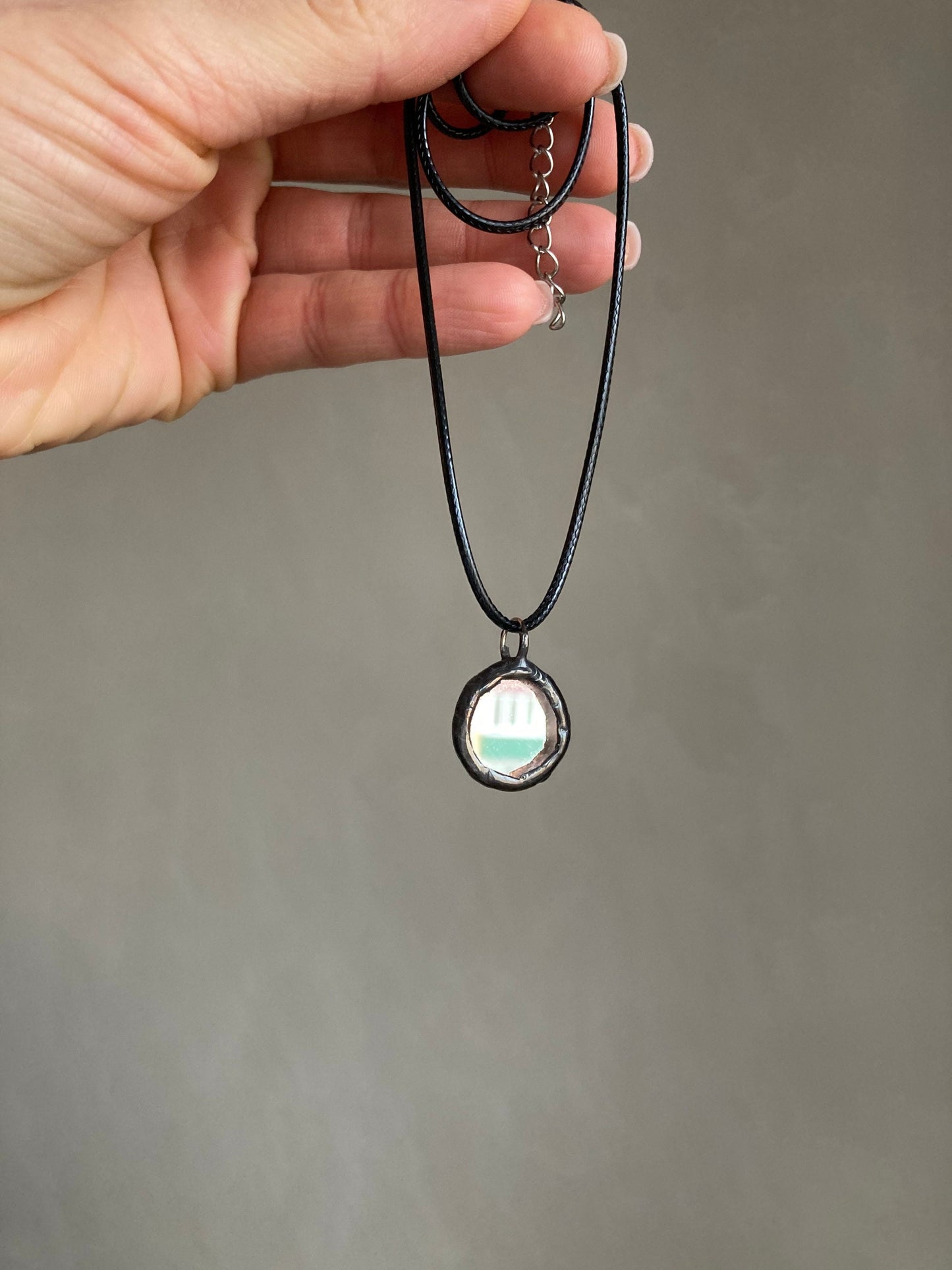 Small Mirror Pendant, Stained glass Necklace protection, Looking Glass Jewelry, Round mirror black pendant