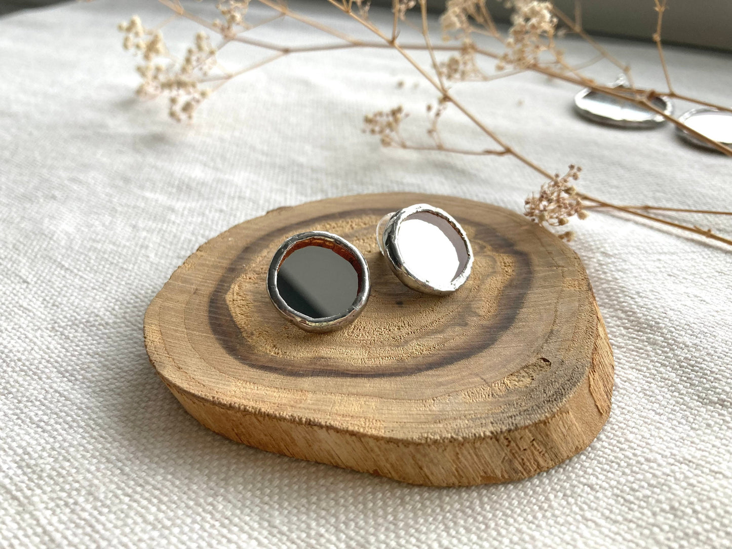 Small Mirror earrings, 10 mm, 20 mm, Stained glass studs earrings,  Glass Jewelry, Round mirror earrings, Stainless steel stud earrings