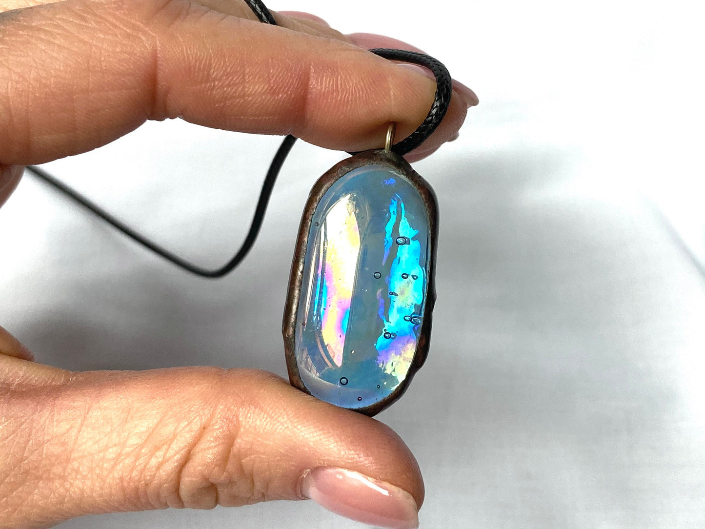 Stained glass necklace, Stained glass jewelry, Soldered pendant, Sea glass necklace, Protection jewelry, Glass necklace with gold flakes