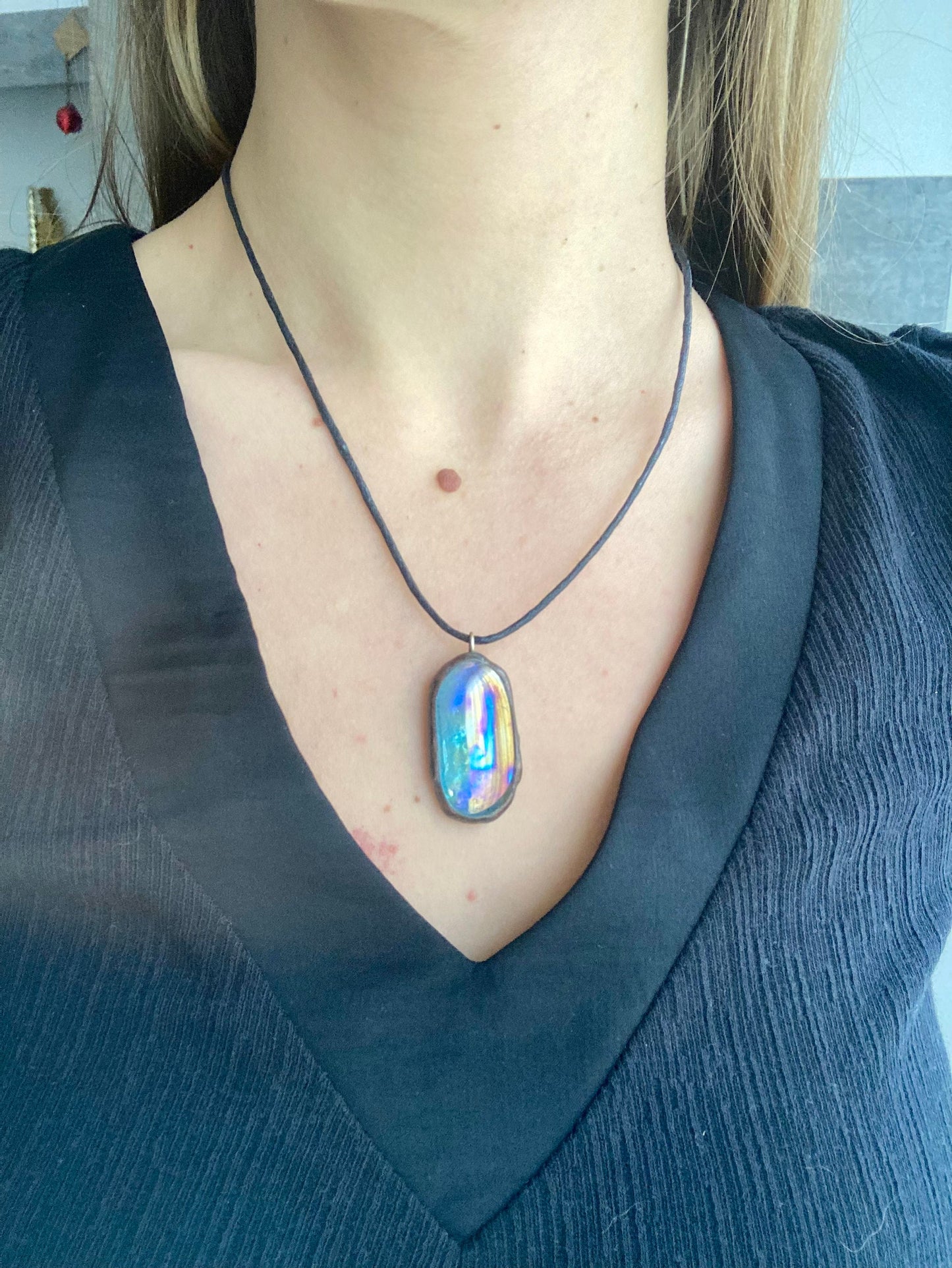 Stained glass necklace, Stained glass jewelry, Soldered pendant, Sea glass necklace, Protection jewelry, Glass necklace with gold flakes