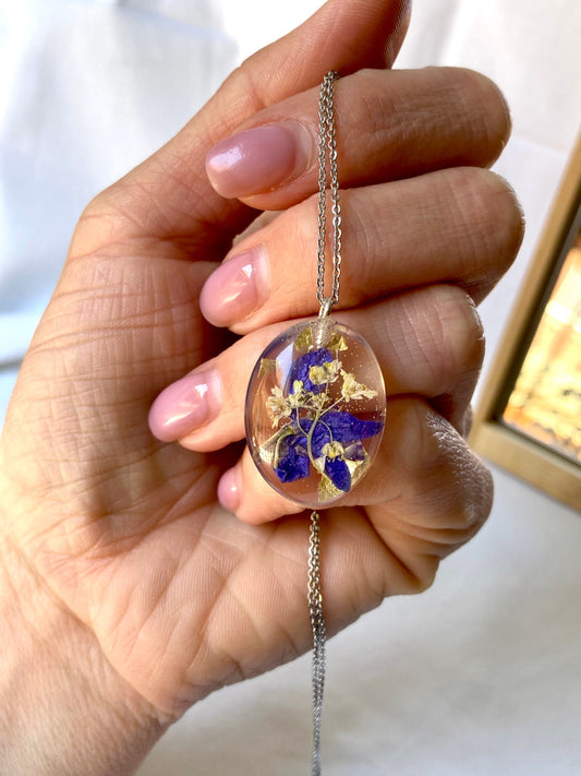 Blue and Yellow flowers necklace, Flower pendant, Ukrainian resin jewelry with  flowers, Oval pendant with pressed flowers