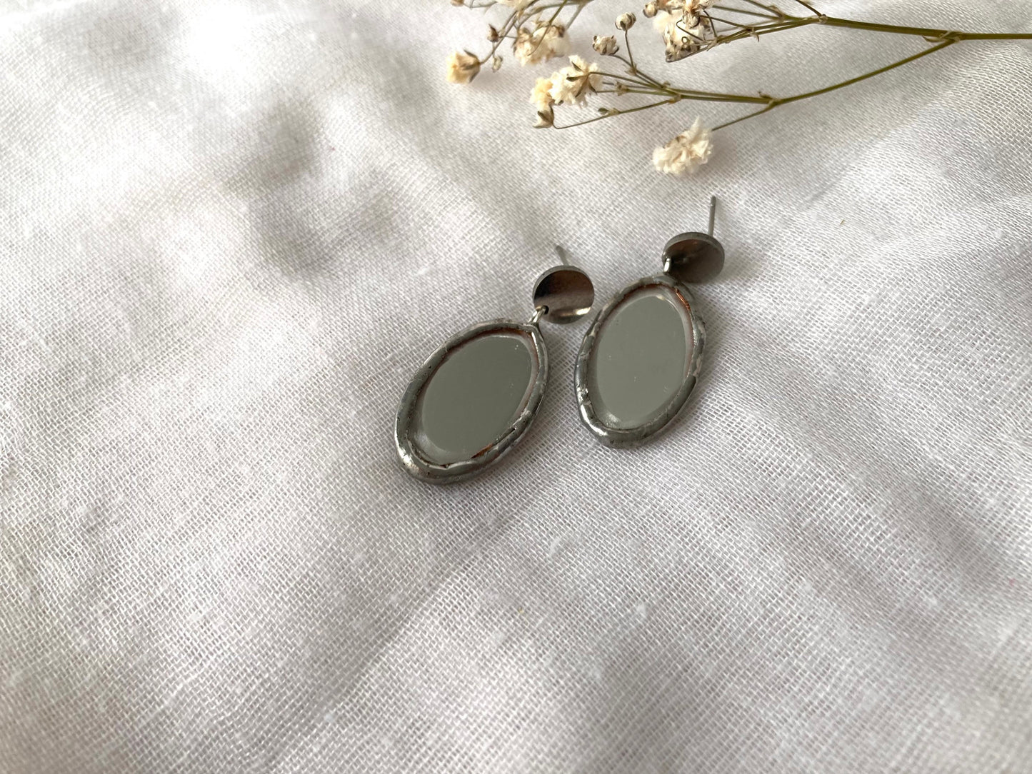 Stained glass earrings, Minimalist earrings, Oval Mirror Earrings, Mirror jewelry