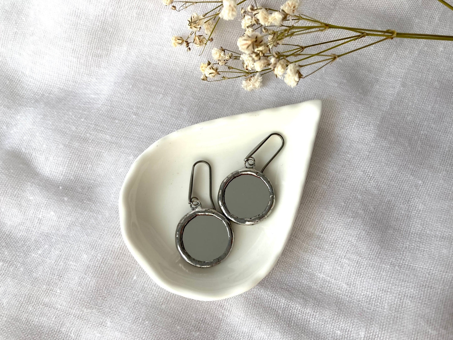 Stained glass earrings, Minimalist earrings, Round Circle Mirror Earrings, Dangle earrings