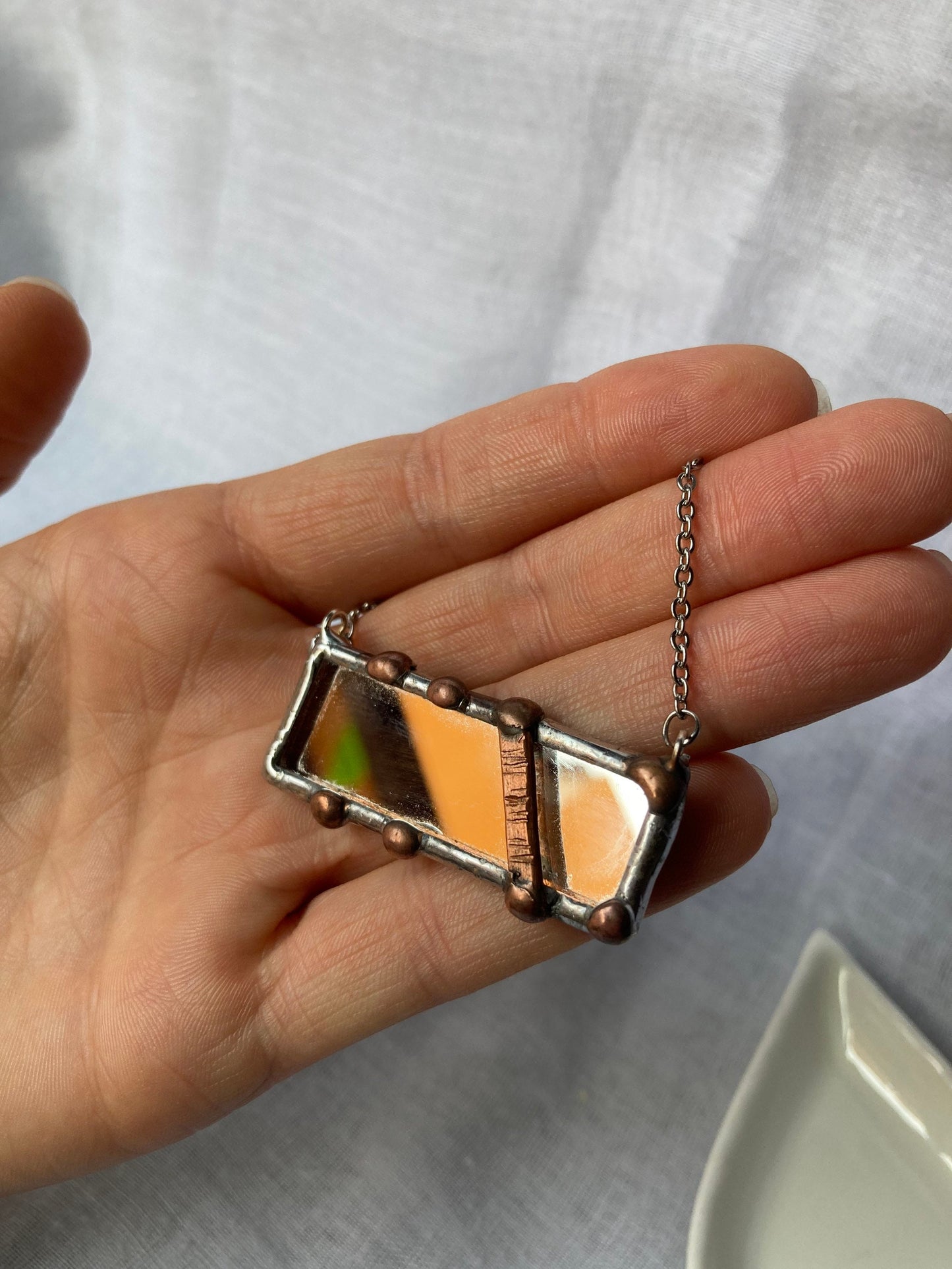 Stained Mirror necklace, Stained glass jewelry, Rectangle necklace, Soldered pendant, Protection Mirror necklace