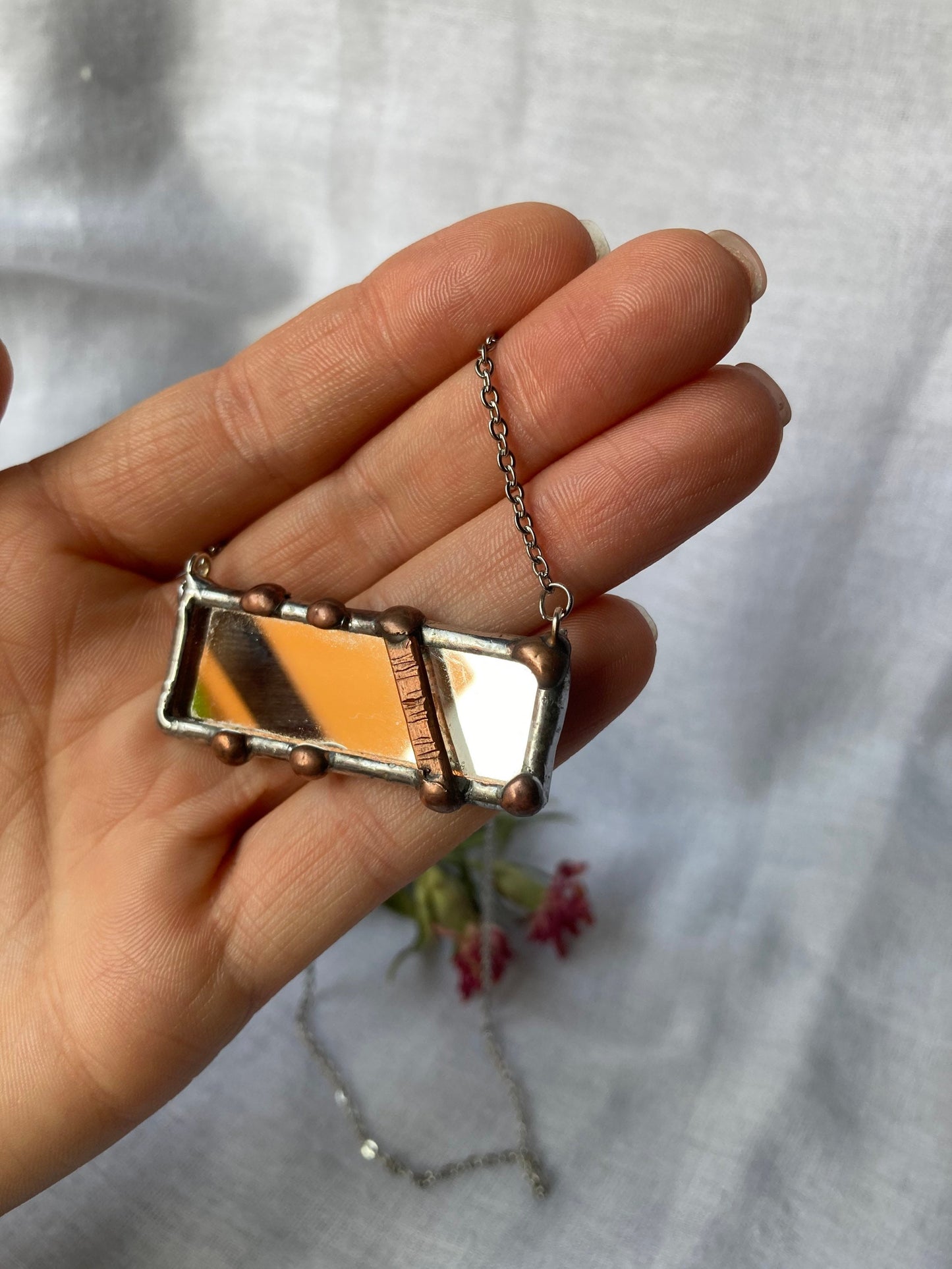 Stained Mirror necklace, Stained glass jewelry, Rectangle necklace, Soldered pendant, Protection Mirror necklace