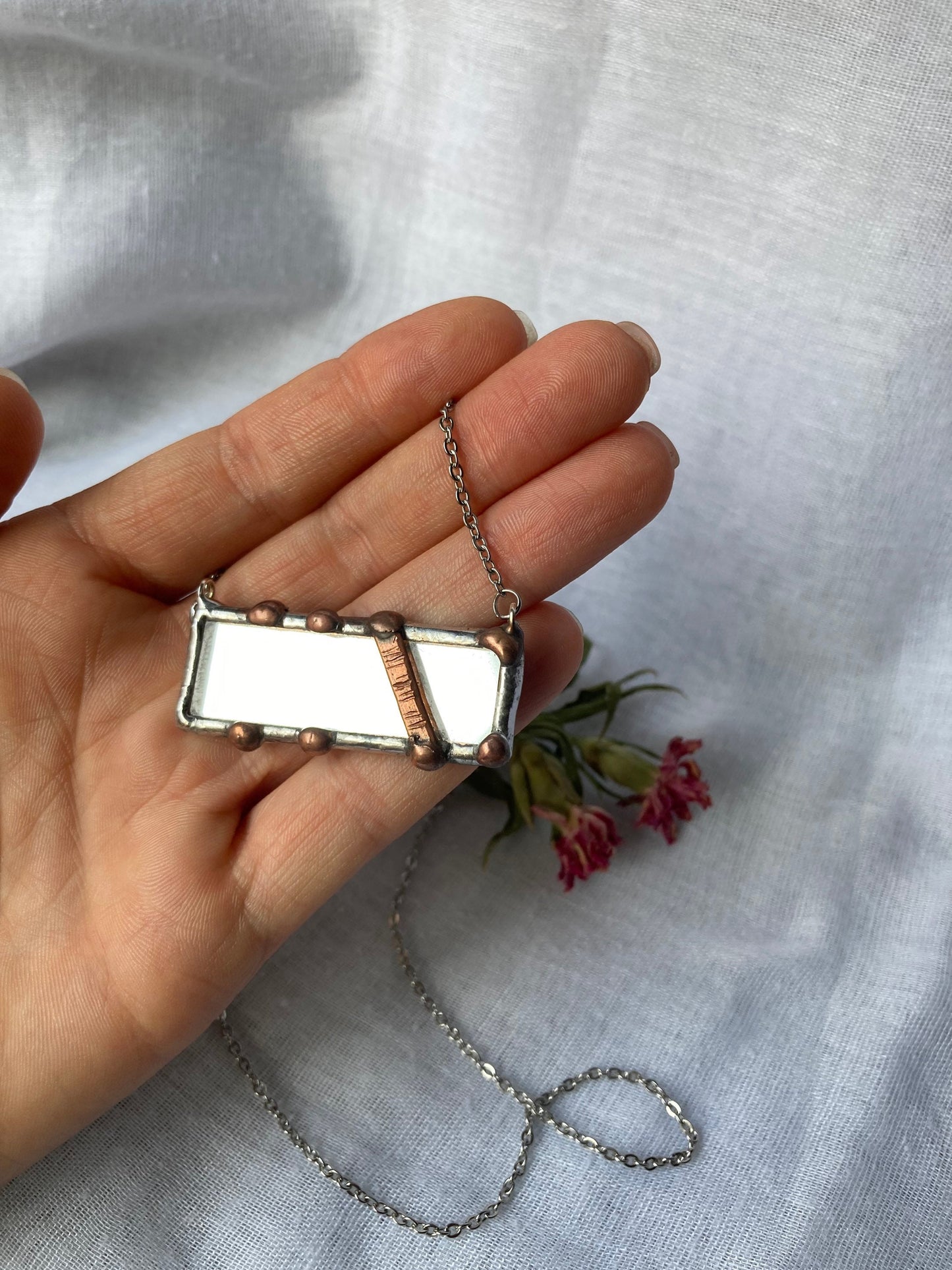 Stained Mirror necklace, Stained glass jewelry, Rectangle necklace, Soldered pendant, Protection Mirror necklace