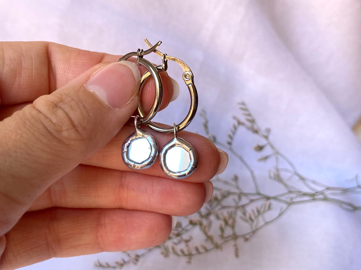 Stained glass earrings, Minimalist earrings, Round Circle Mirror Earrings, Statement earrings for women, Stainless steel