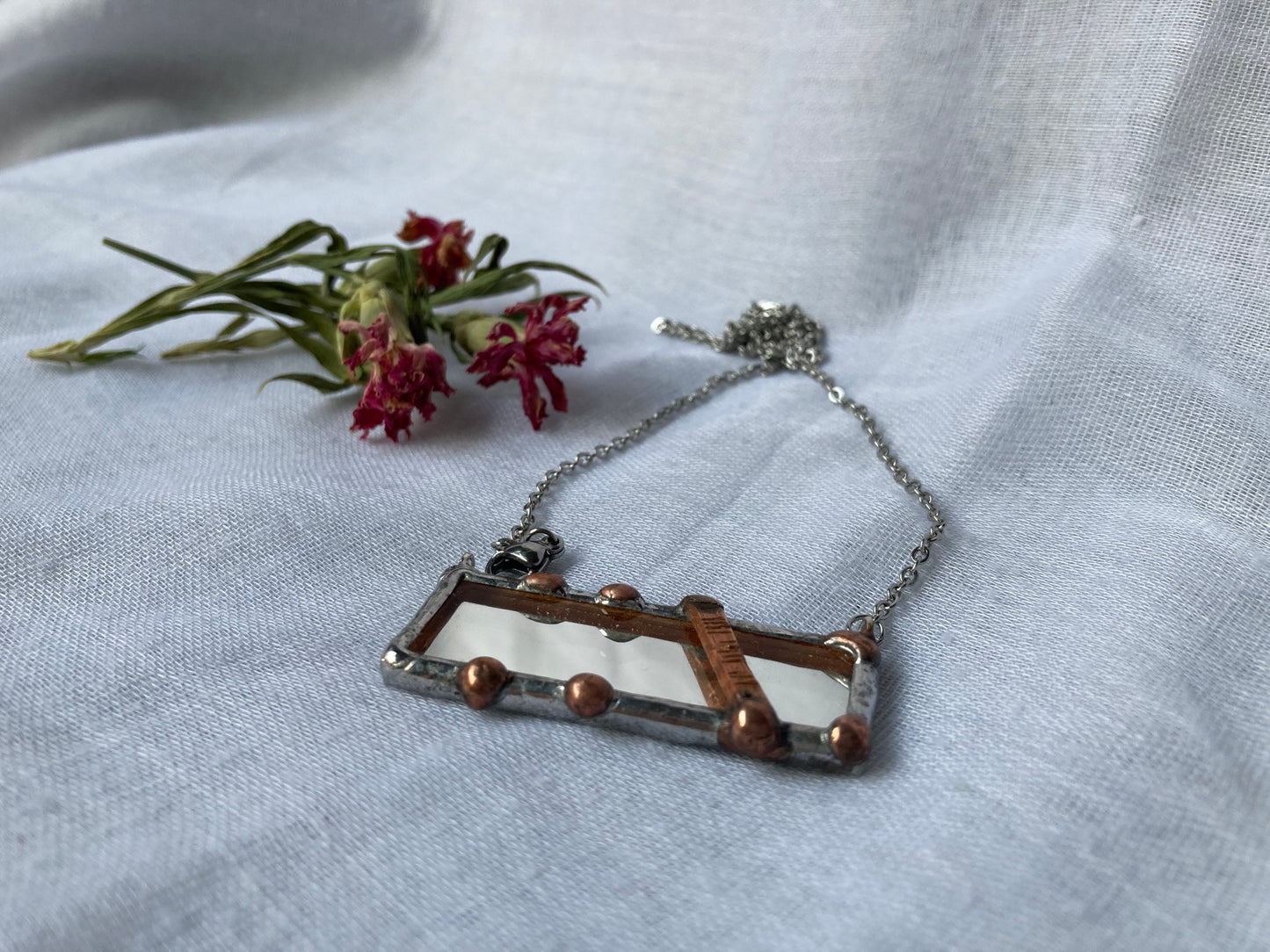 Stained Mirror necklace, Stained glass jewelry, Rectangle necklace, Soldered pendant, Protection Mirror necklace