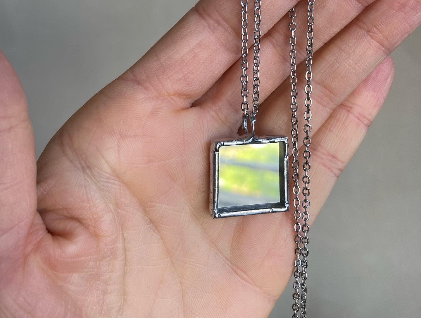 Small Mirror Necklace, 2 cm/ 20 mm, Stained glass Necklace, Looking Glass Jewelry, Square mirror pendant