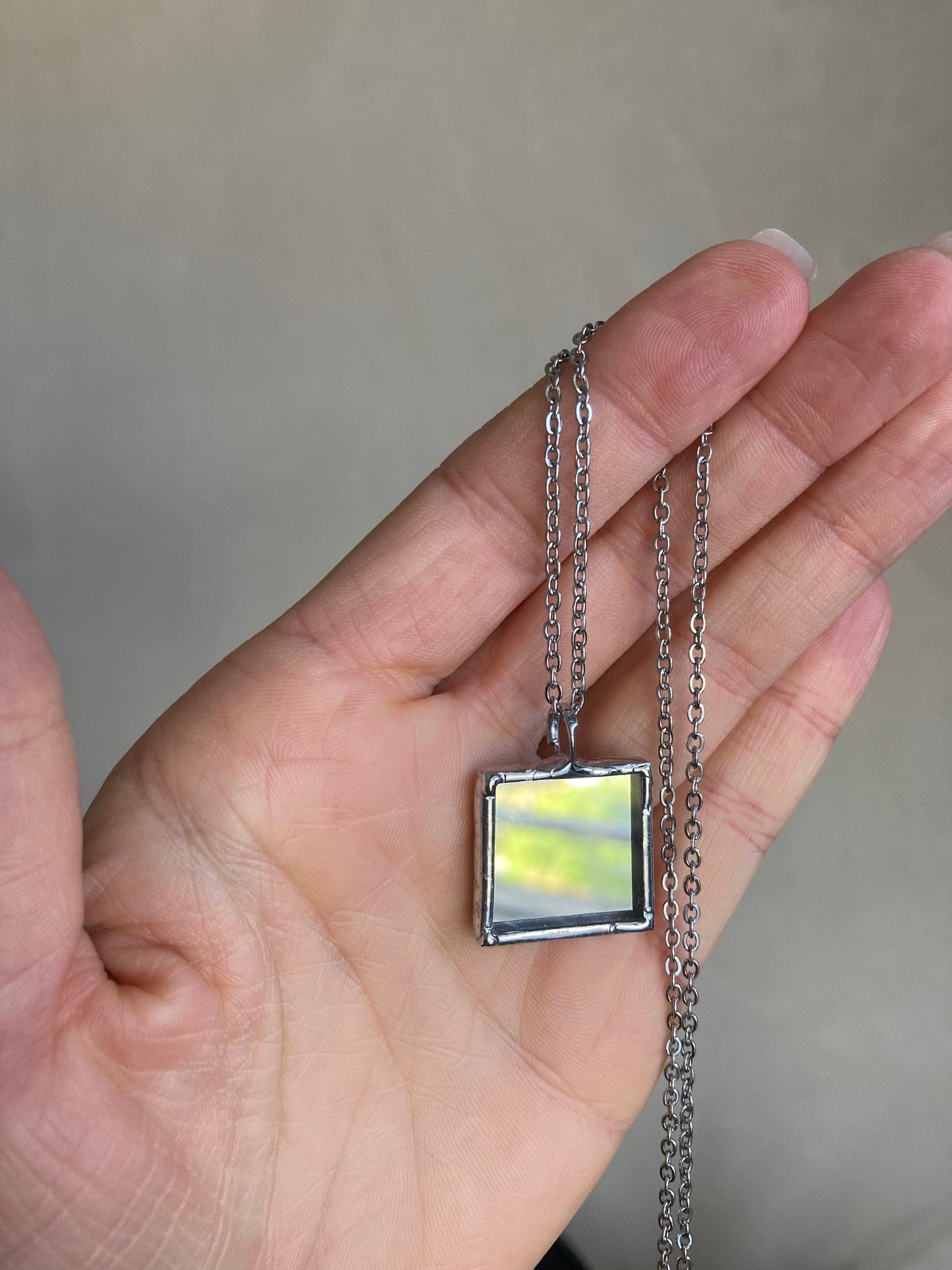 Small Mirror Necklace, 2 cm/ 20 mm, Stained glass Necklace, Looking Glass Jewelry, Square mirror pendant