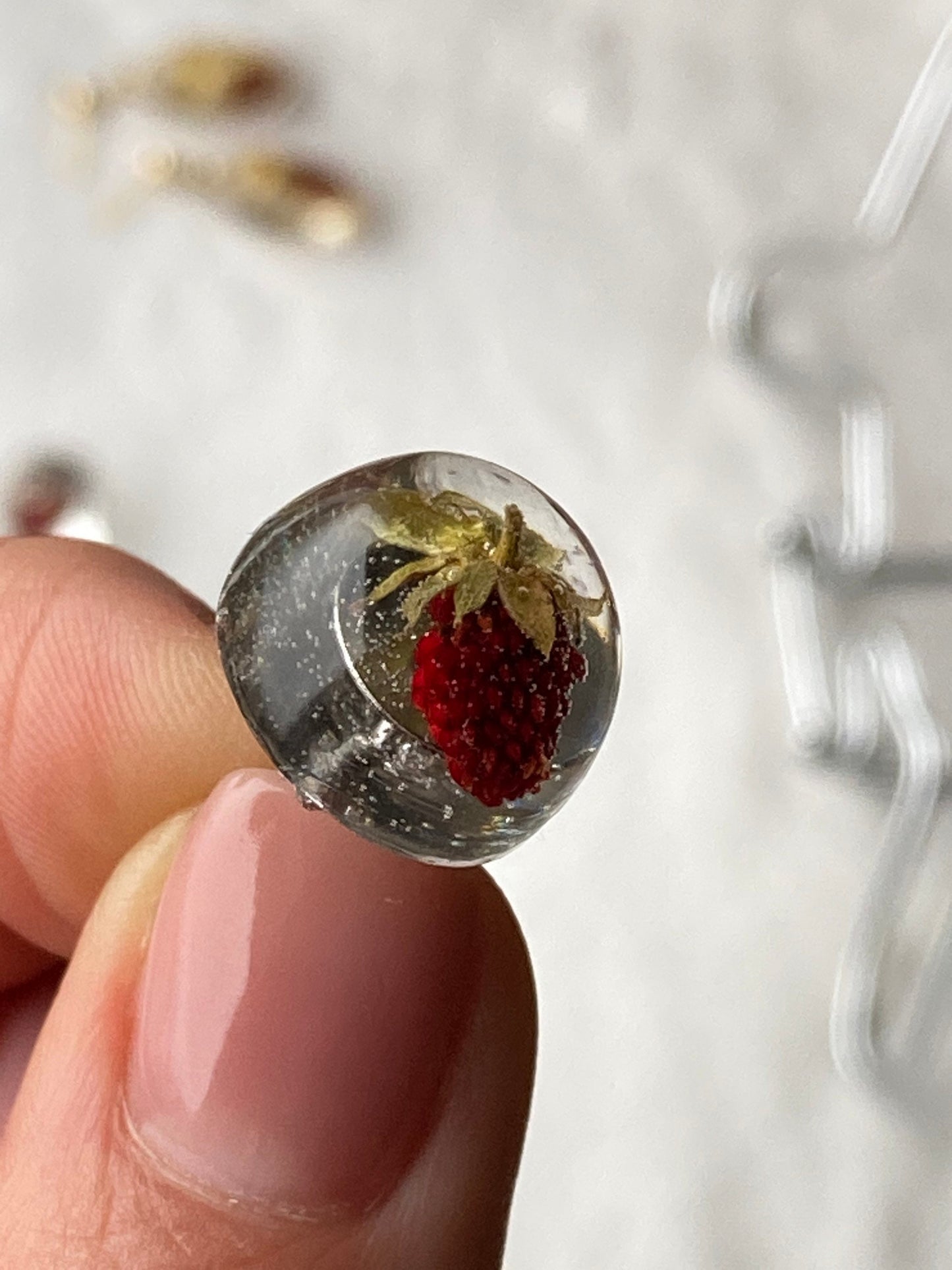 Strawberry Earrings, Epoxy resin earrings, Half spheres Stud earrings, Floral jewelry, Epoxy jewelry with wild berry,