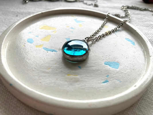 Small Blue Glass Pendant, 18 mm, Stained glass Necklace, Sea Glass Jewelry, Round blue pendant