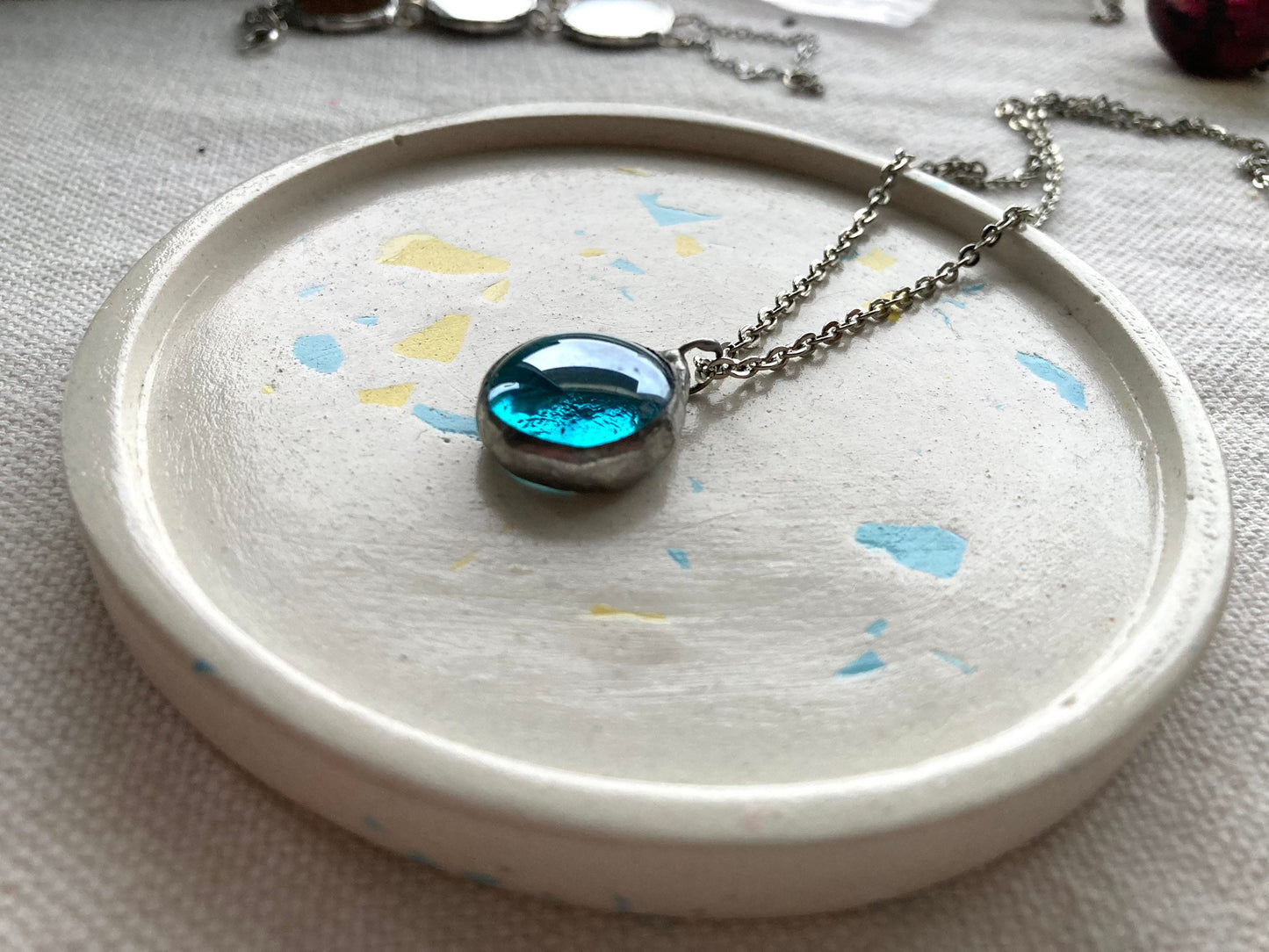 Small Blue Glass Pendant, 18 mm, Stained glass Necklace, Sea Glass Jewelry, Round blue pendant