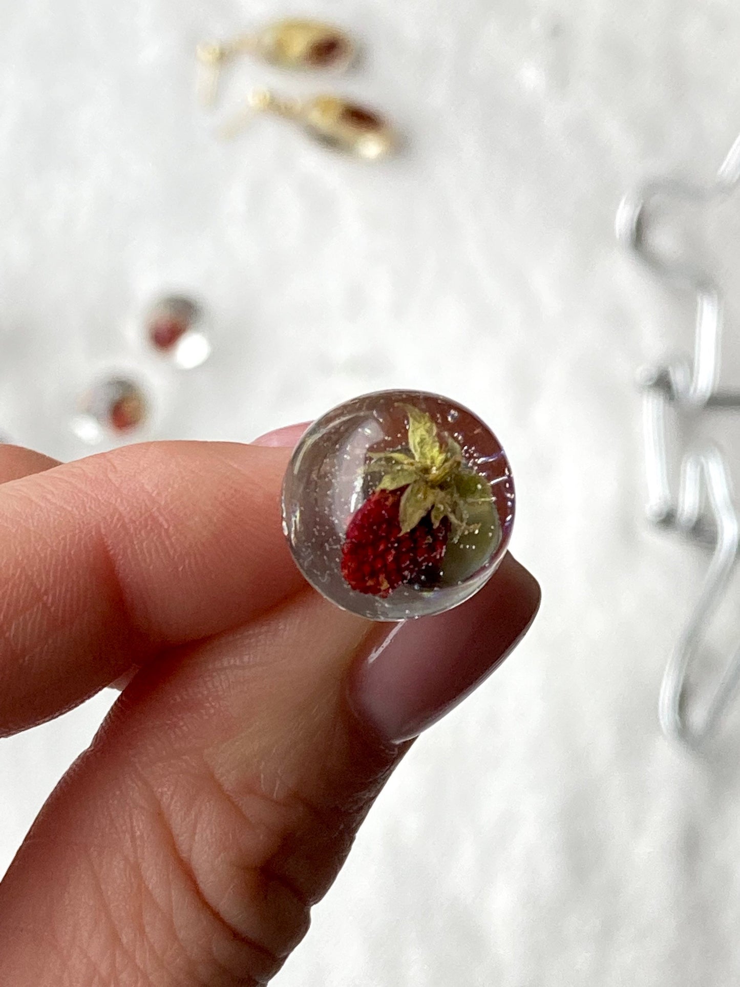 Strawberry Earrings, Epoxy resin earrings, Half spheres Stud earrings, Floral jewelry, Epoxy jewelry with wild berry,