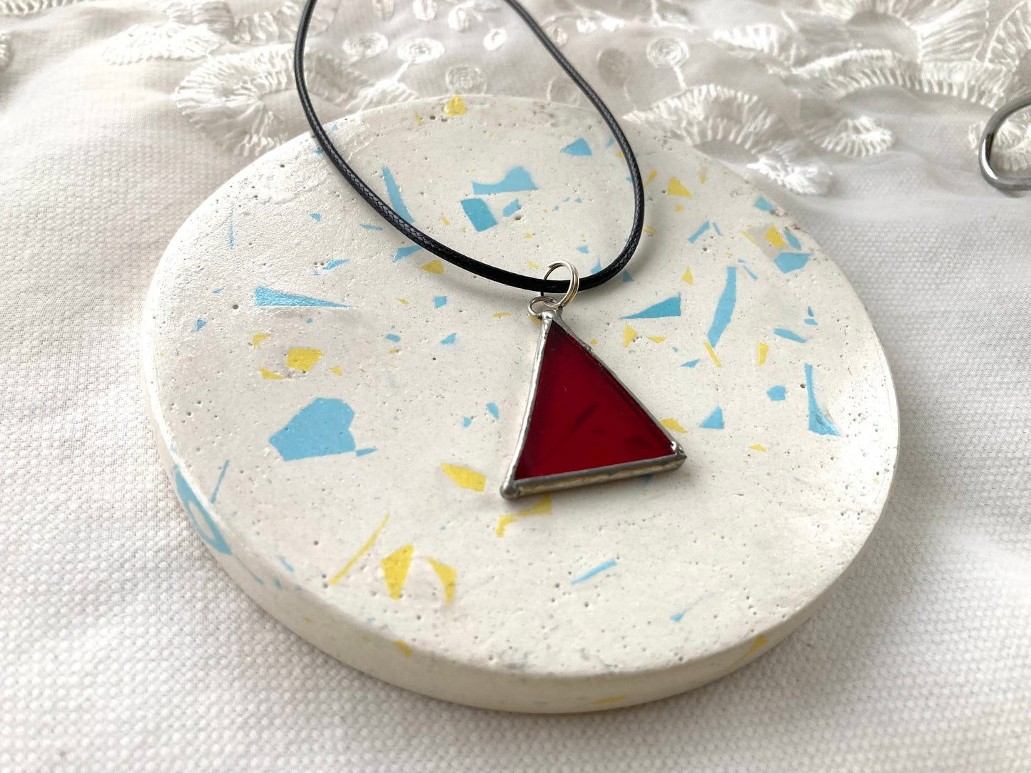 Stained Glass necklace, Stained glass jewelry, Red triangle pendant, Soldered pendant, Personalized jewelry