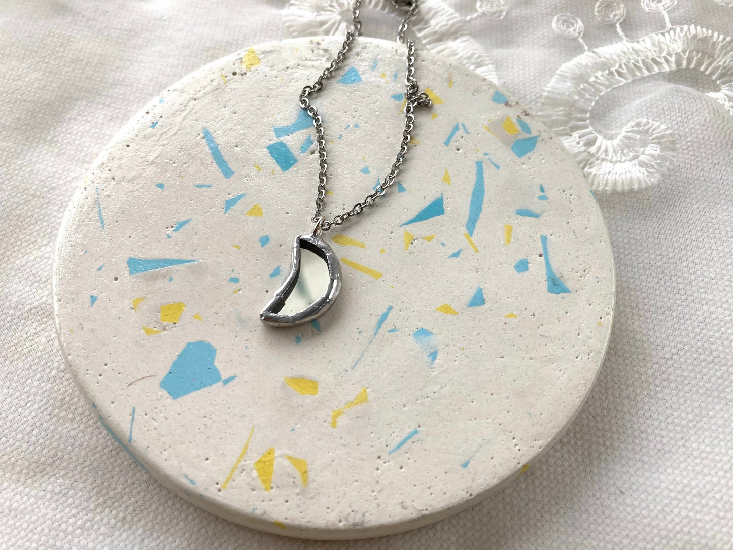 Small Mirror Moon Pendant, Stained glass Necklace, Amulet Glass Jewelry, Protection Moon mirror pendant