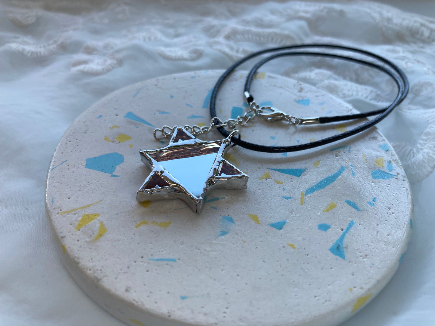 Star of David Mirror Necklace, Hexagram Stained glass Necklace, Mirror Glass Jewelry, Six-pointed star