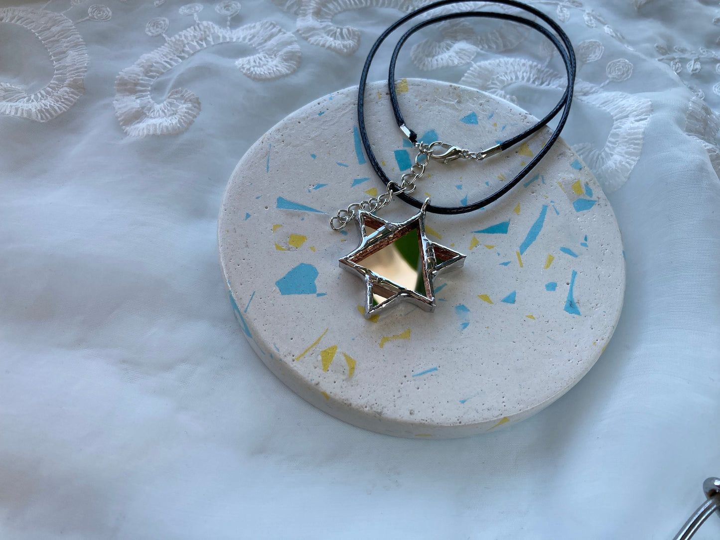 Star of David Mirror Necklace, Hexagram Stained glass Necklace, Mirror Glass Jewelry, Six-pointed star